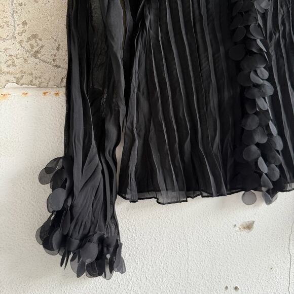Black Sheer Pleated Blouse Ruffle Long Sleeve Party Top Medium Claudia Richard - Picture 2 of 6